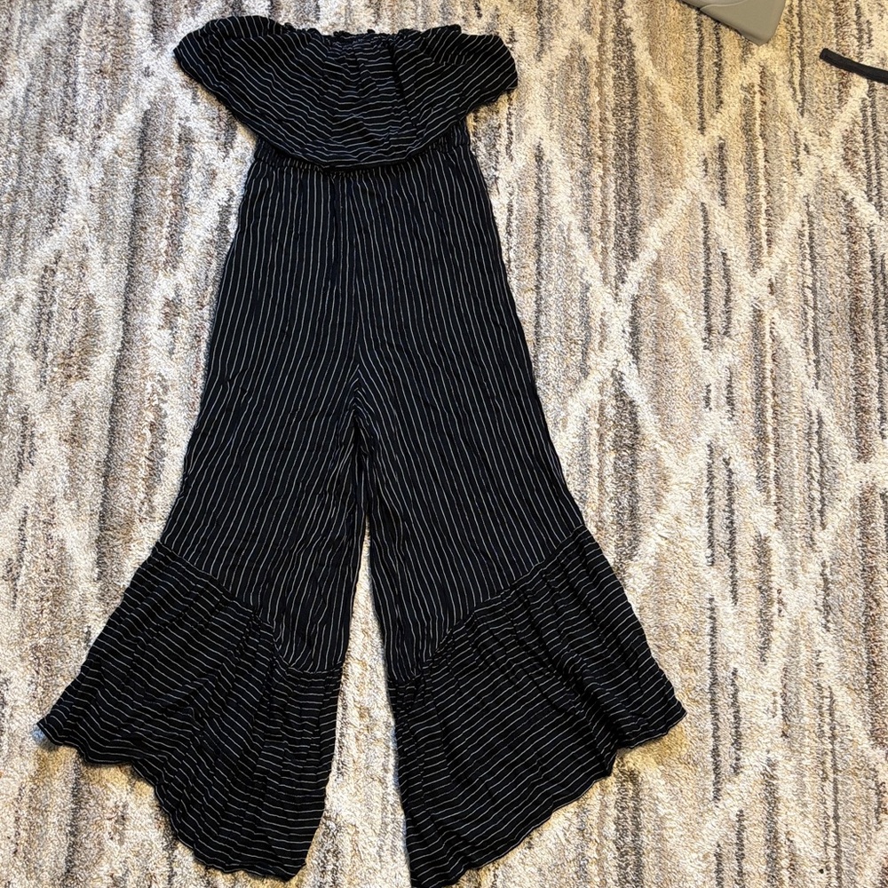 American Eagle Outfitters Black Pinstripe Off-Shoulder Wide-Leg Jumpsuit